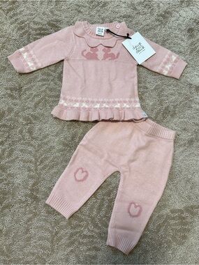 deux par deux Soft Pink Knit Baby Sweater & Pants Set
